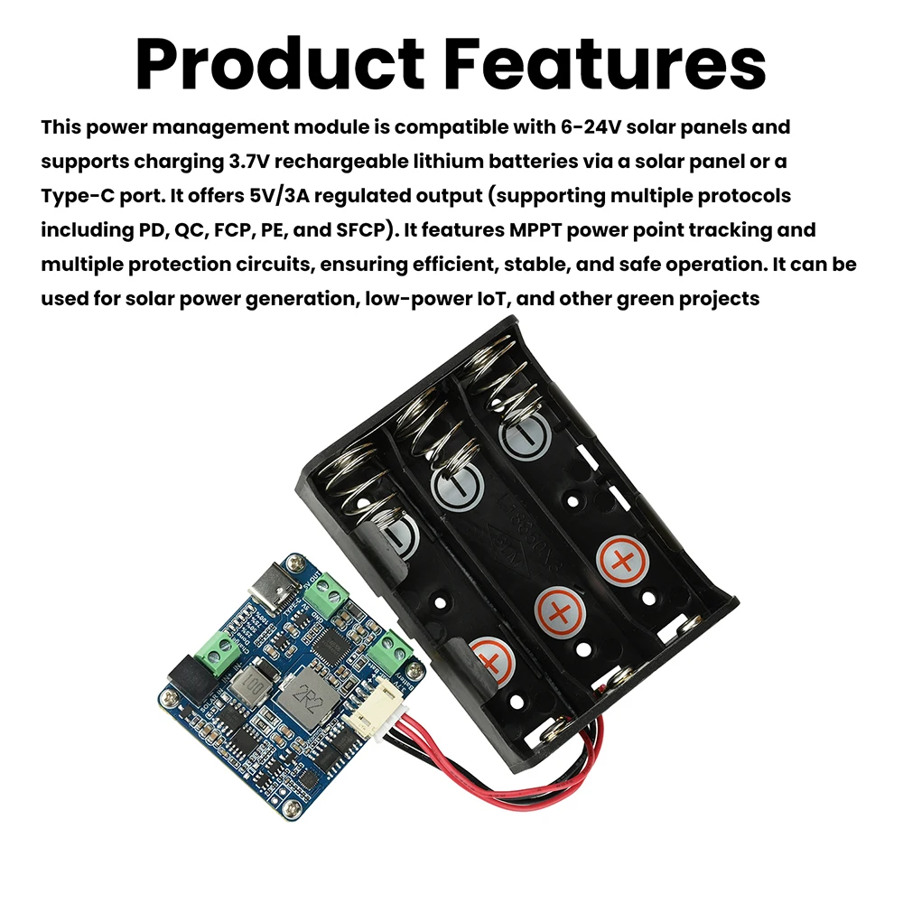 Waveshare Solar Power Management Module For 6V-24V Solar Panel Support MPPT USB Connection Battery Charger Power Supply