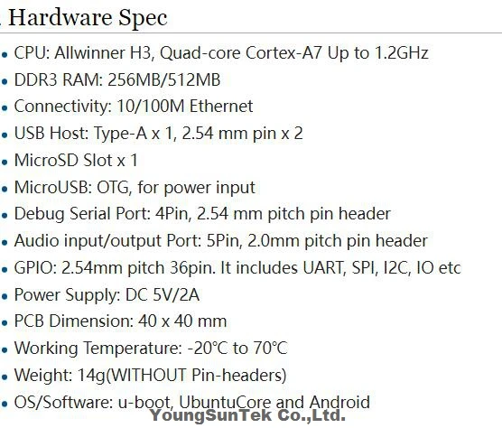 NanoPi Neo v1.4 (512M) & Heat Sink, YoungSunTek Allwinner H3 Quad Cortex-A7,1.2GHz, OpenWRT,Ubuntu Linux Armbian DietPi Kali