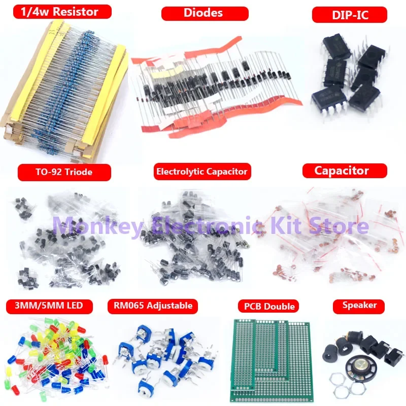 1900PCS Electronic Component Kit Capacitors, Resistors, Transistors, Diodes, PCB, IC, for Electronic Products DIY and Enthusiast