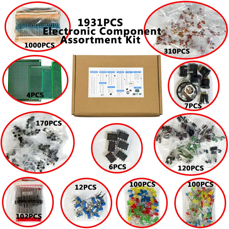 1900PCS Electronic Component Kit Capacitors, Resistors, Transistors, Diodes, PCB, IC, for Electronic Products DIY and Enthusiast