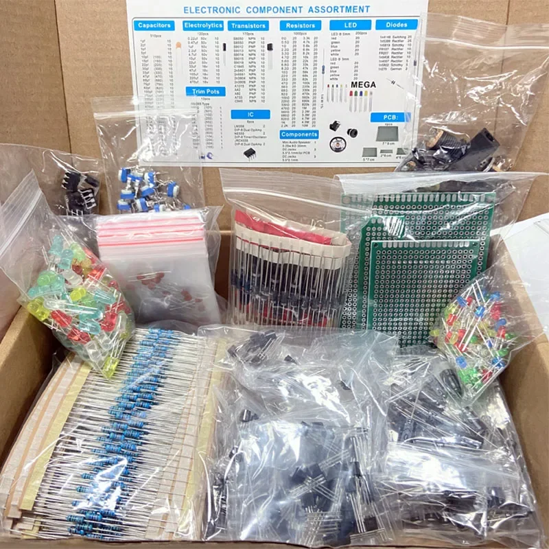 1900PCS Electronic Component Kit Capacitors, Resistors, Transistors, Diodes, PCB, IC, for Electronic Products DIY and Enthusiast