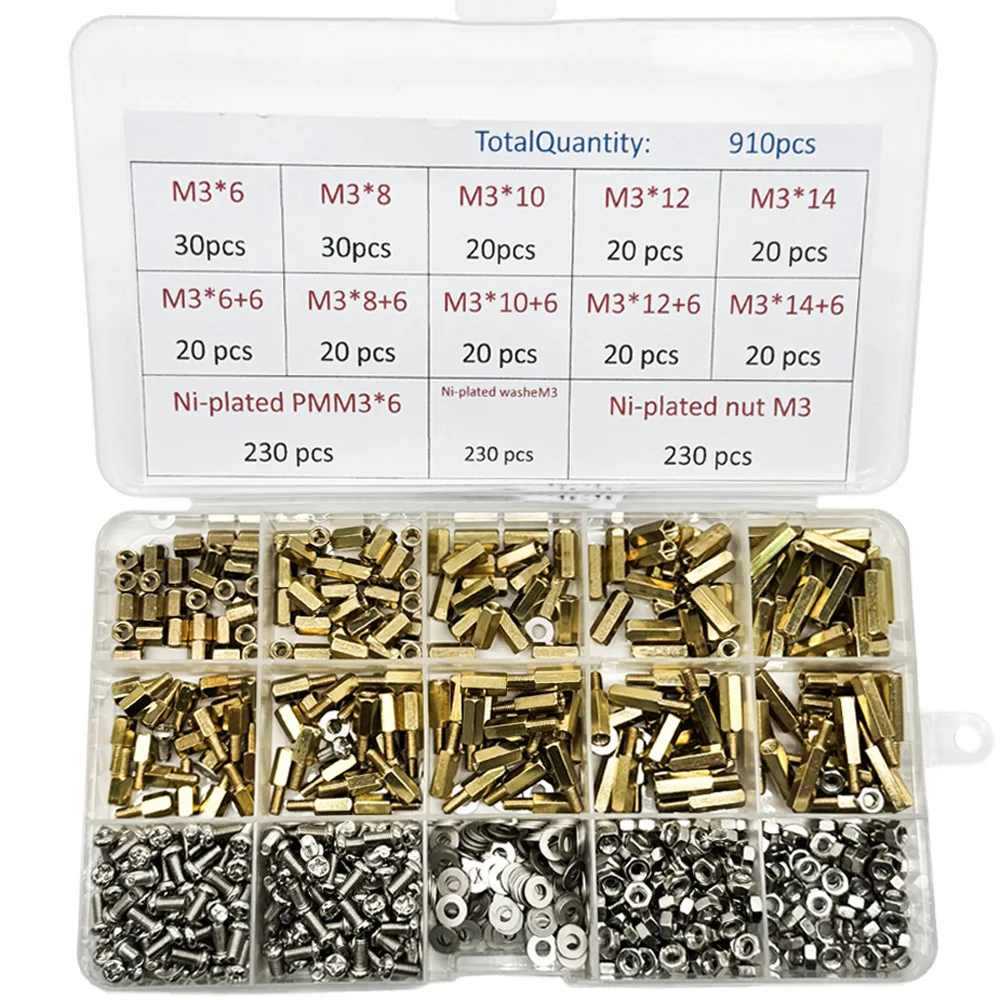 1Set 910PCS Brass Standoff Spacer Kit 230PCS PMM3 + 230PCS NutM3 + WasheM3 Hex head Brass Spacing Screws Threaded M3 Pillar PCB