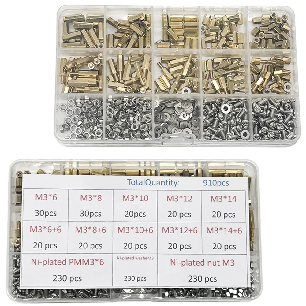1Set 910PCS Brass Standoff Spacer Kit 230PCS PMM3 + 230PCS NutM3 + WasheM3 Hex head Brass Spacing Screws Threaded M3 Pillar PCB