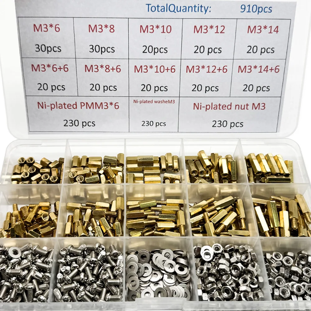 1Set 910PCS Brass Standoff Spacer Kit 230PCS PMM3 + 230PCS NutM3 + WasheM3 Hex head Brass Spacing Screws Threaded M3 Pillar PCB
