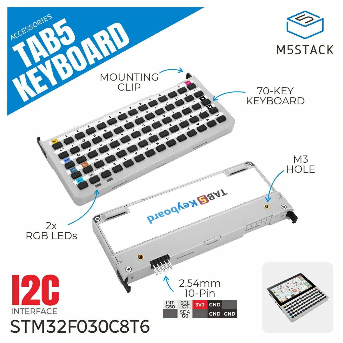 M5Stack A164 Tab5 Keyboard 70-Key I2C Input Module STM32 Chip 14*5 Matrix Keyboard With RGB LED For Tab5 Mainboard