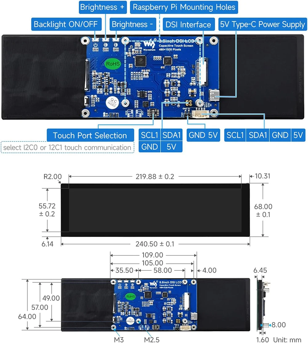 Waveshare 8.8 inch IPS 480x1920 Pixel Capacitive Touchscreen DSI Display 10-point Touch for Raspberry Pi 5/4B/3B+/3A+, CM3/3+/4