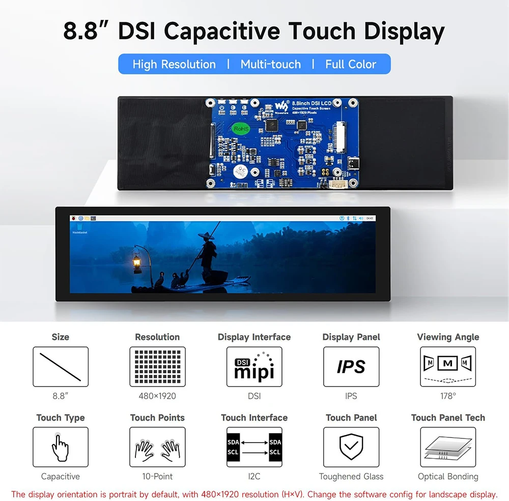 Waveshare 8.8 inch IPS 480x1920 Pixel Capacitive Touchscreen DSI Display 10-point Touch for Raspberry Pi 5/4B/3B+/3A+, CM3/3+/4