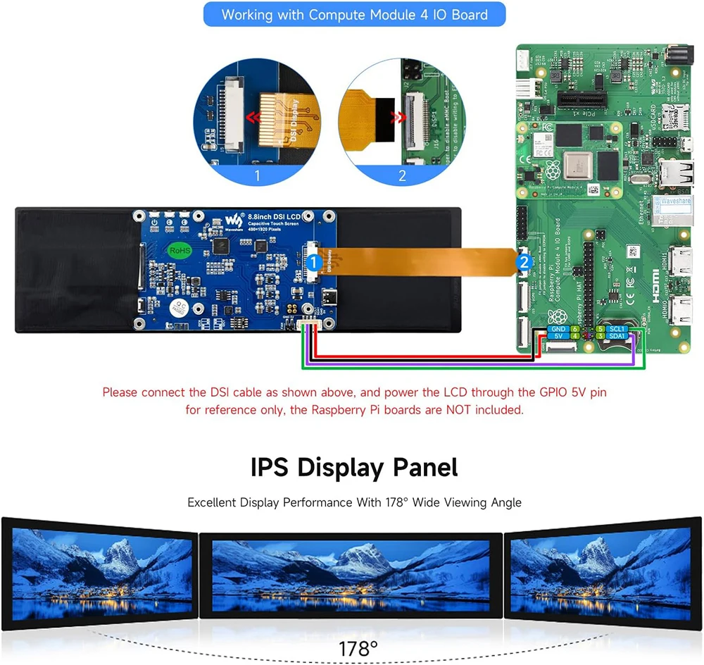 Waveshare 8.8 inch IPS 480x1920 Pixel Capacitive Touchscreen DSI Display 10-point Touch for Raspberry Pi 5/4B/3B+/3A+, CM3/3+/4