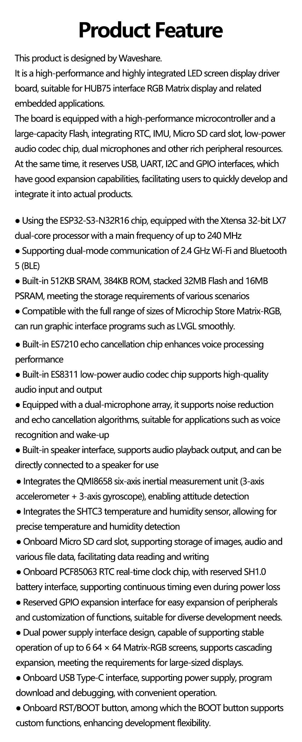Waveshare ESP32-S3 RGB Matrix Driver Board Supporting 2.4 GHz WiFi BLE 5 Dual-Mode 240MHz 32-Bit LX7
