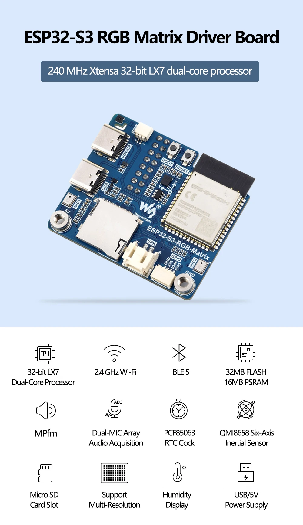Waveshare ESP32-S3 RGB Matrix Driver Board Supporting 2.4 GHz WiFi BLE 5 Dual-Mode 240MHz 32-Bit LX7