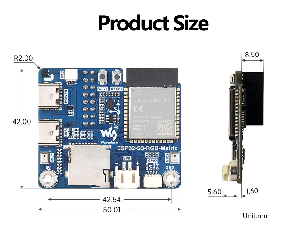 Waveshare ESP32-S3 RGB Matrix Driver Board Supporting 2.4 GHz WiFi BLE 5 Dual-Mode 240MHz 32-Bit LX7