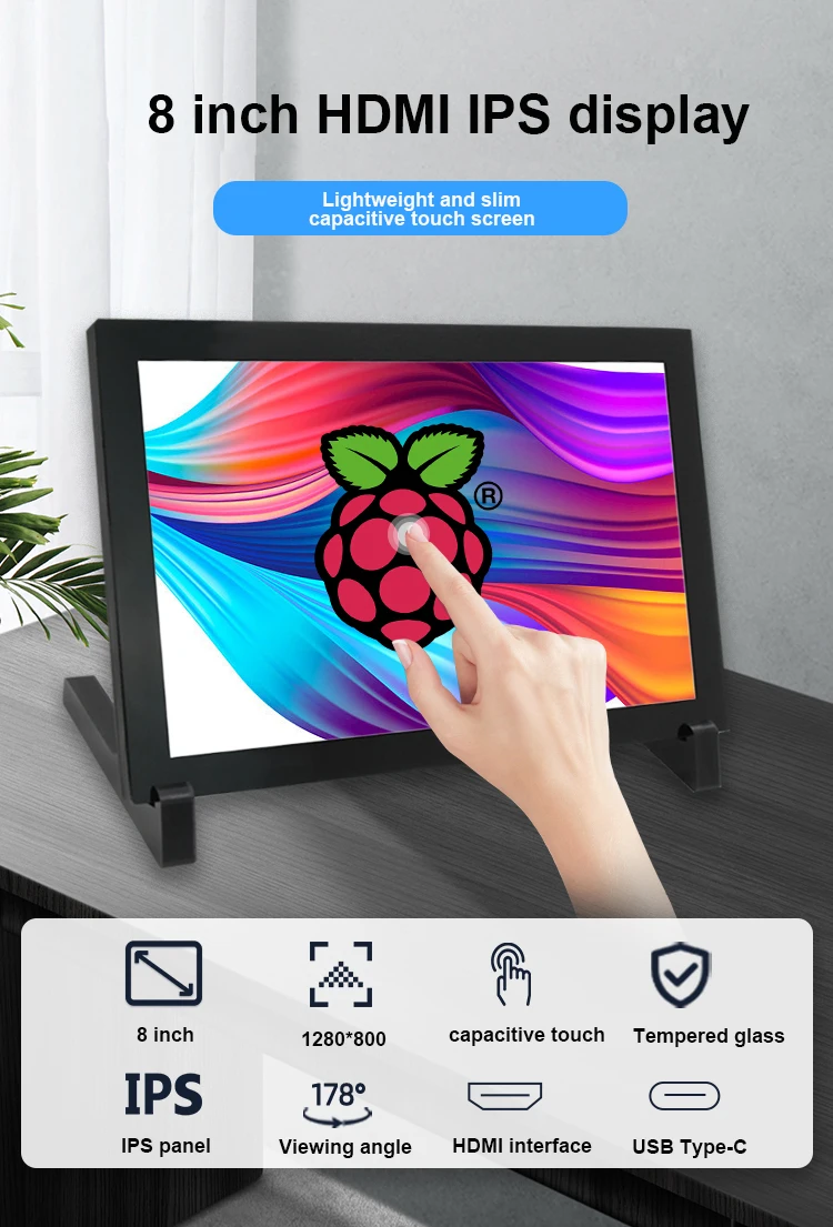 Raspberry Pi 5 8 Inch IPS Touch Screen LCD Display 8.0" 1280x800 HDMI-compatibe 5-point Touch Monitor for PC Game Console