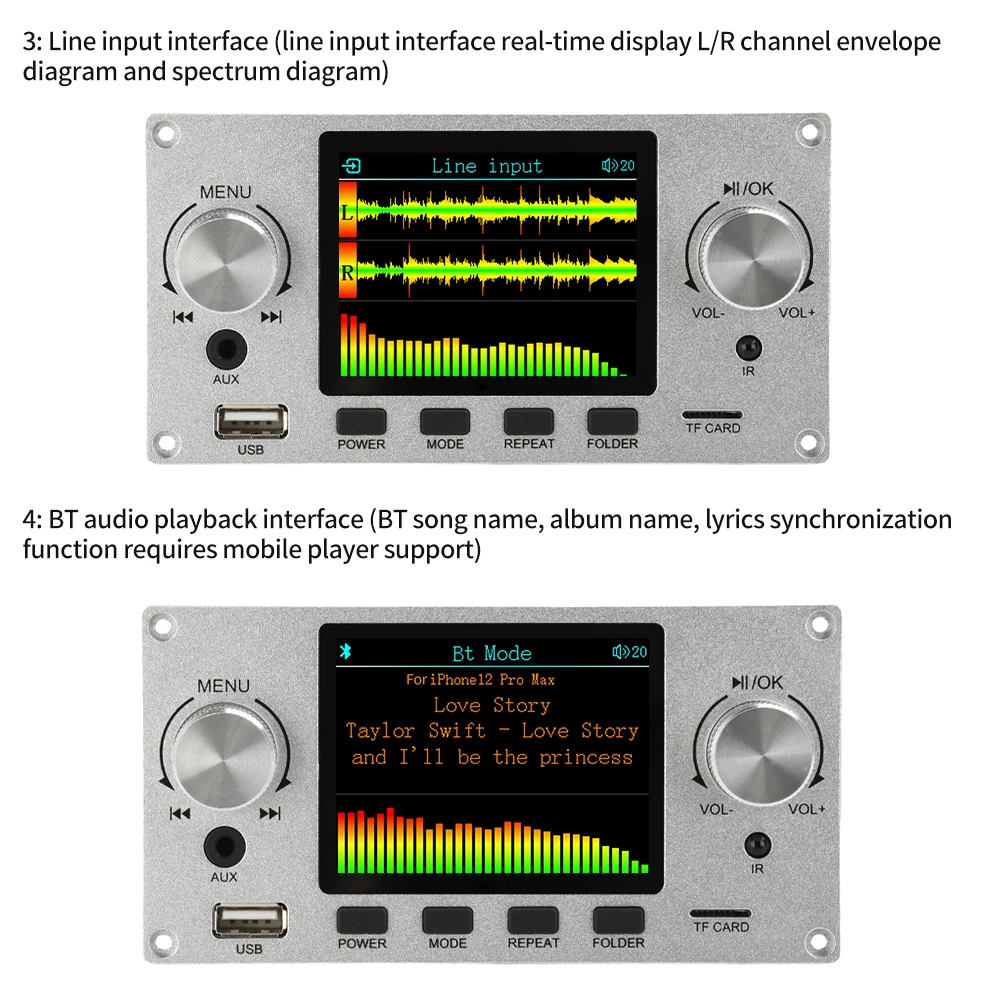 2.8 inch TFT Color Screen Bluetooth Lossless Audio Decoding Board Module 2 CH Support I2S Digital Audio Output Player DC 5-12V