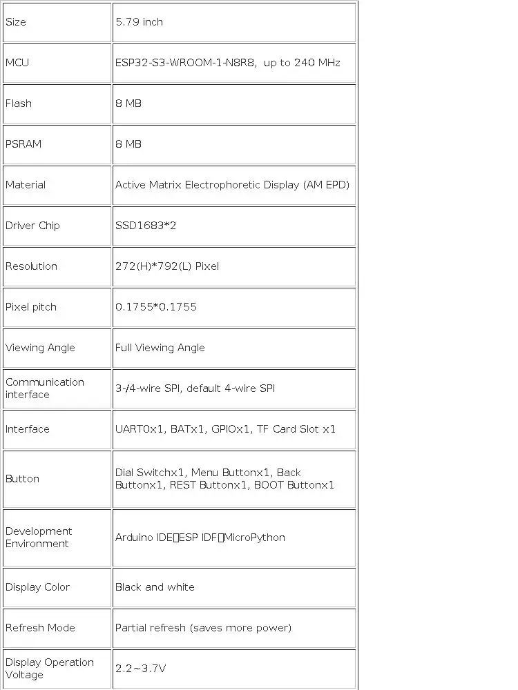 CrowPanel ESP32 5.79” E-paper HMI Display 272*792 Black/White Color Driven By SPI Interface for Arduino /ESP/MicroPython