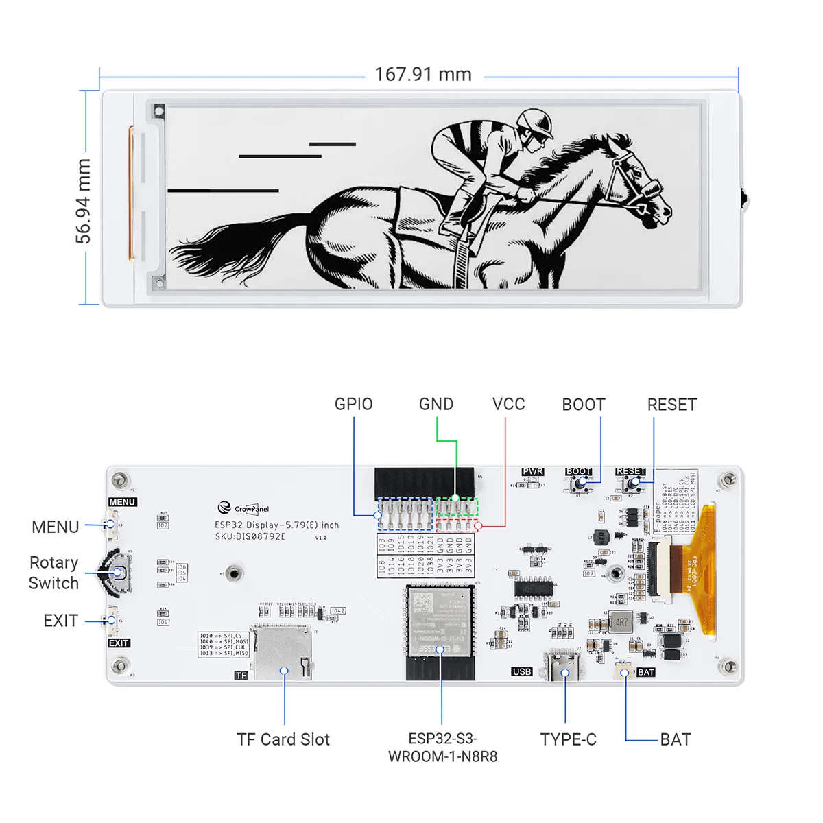 CrowPanel ESP32 5.79” E-paper HMI Display 272*792 Black/White Color Driven By SPI Interface for Arduino /ESP/MicroPython