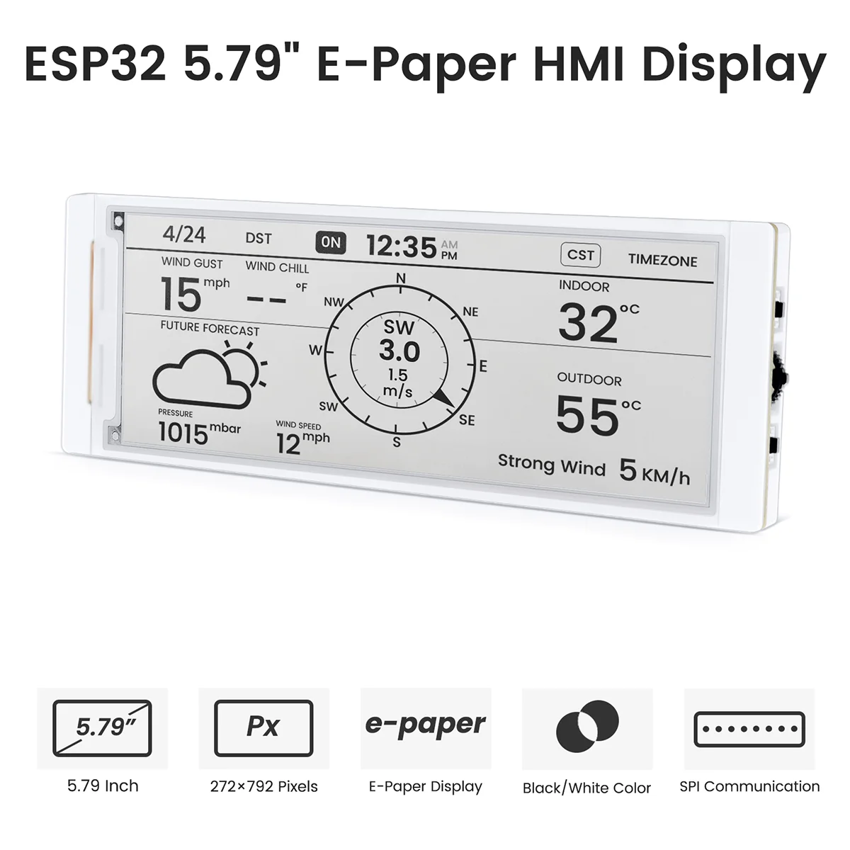CrowPanel ESP32 5.79” E-paper HMI Display 272*792 Black/White Color Driven By SPI Interface for Arduino /ESP/MicroPython