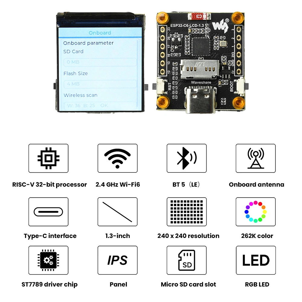 ESP32-C6 Wi-Fi and Bluetooth Development Board, 1.3-Inch LCD Digital Display Development Module, ST7789 Driver IC, Type-C Port