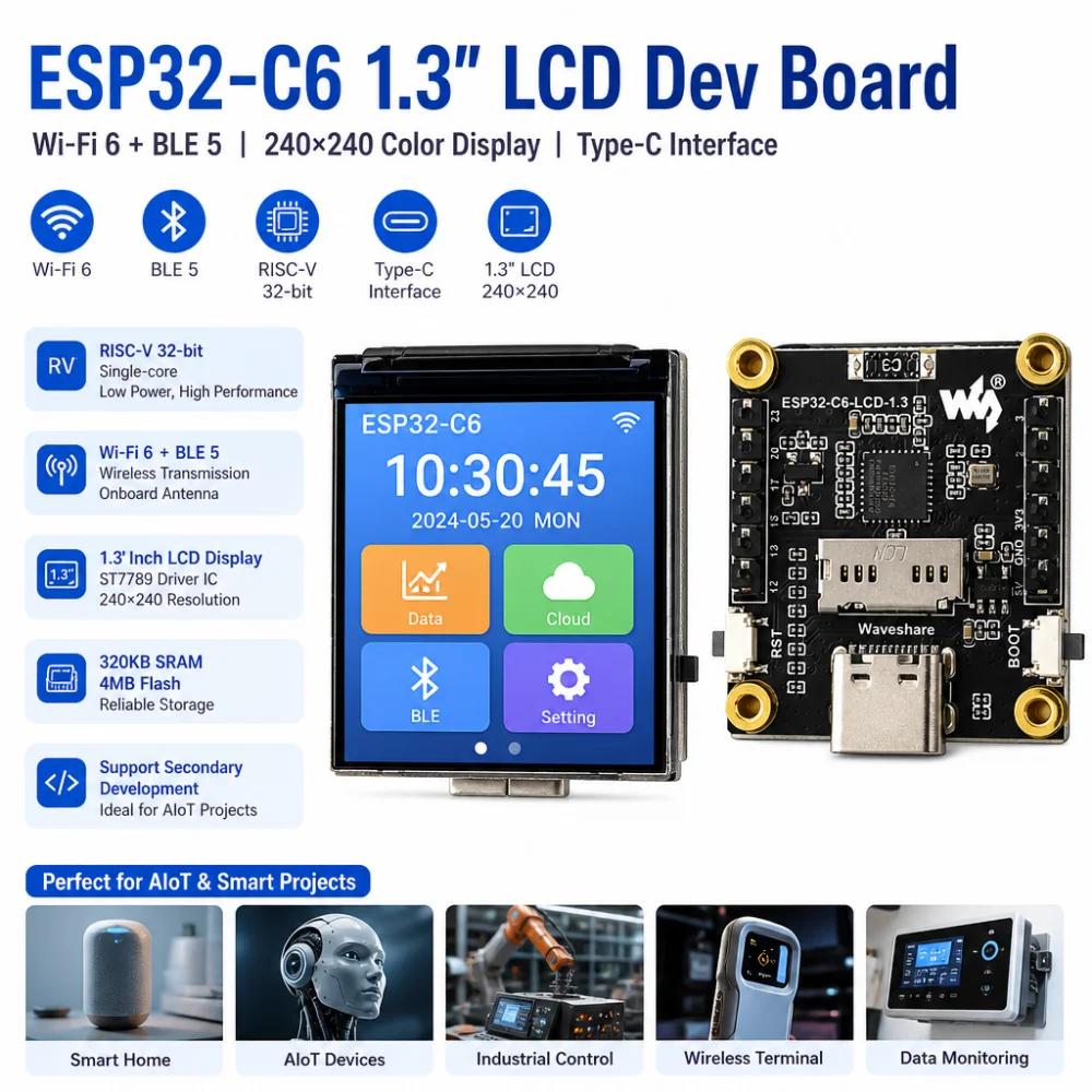 ESP32-C6 Wi-Fi and Bluetooth Development Board, 1.3-Inch LCD Digital Display Development Module, ST7789 Driver IC, Type-C Port