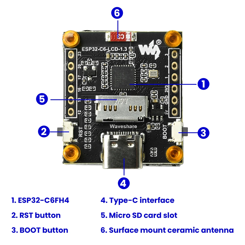 ESP32-C6 Wi-Fi and Bluetooth Development Board, 1.3-Inch LCD Digital Display Development Module, ST7789 Driver IC, Type-C Port