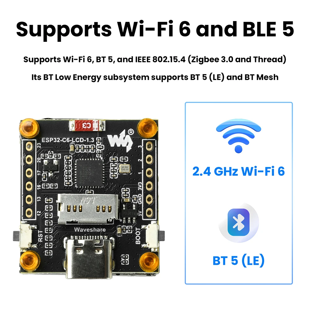 ESP32-C6 Wi-Fi and Bluetooth Development Board, 1.3-Inch LCD Digital Display Development Module, ST7789 Driver IC, Type-C Port