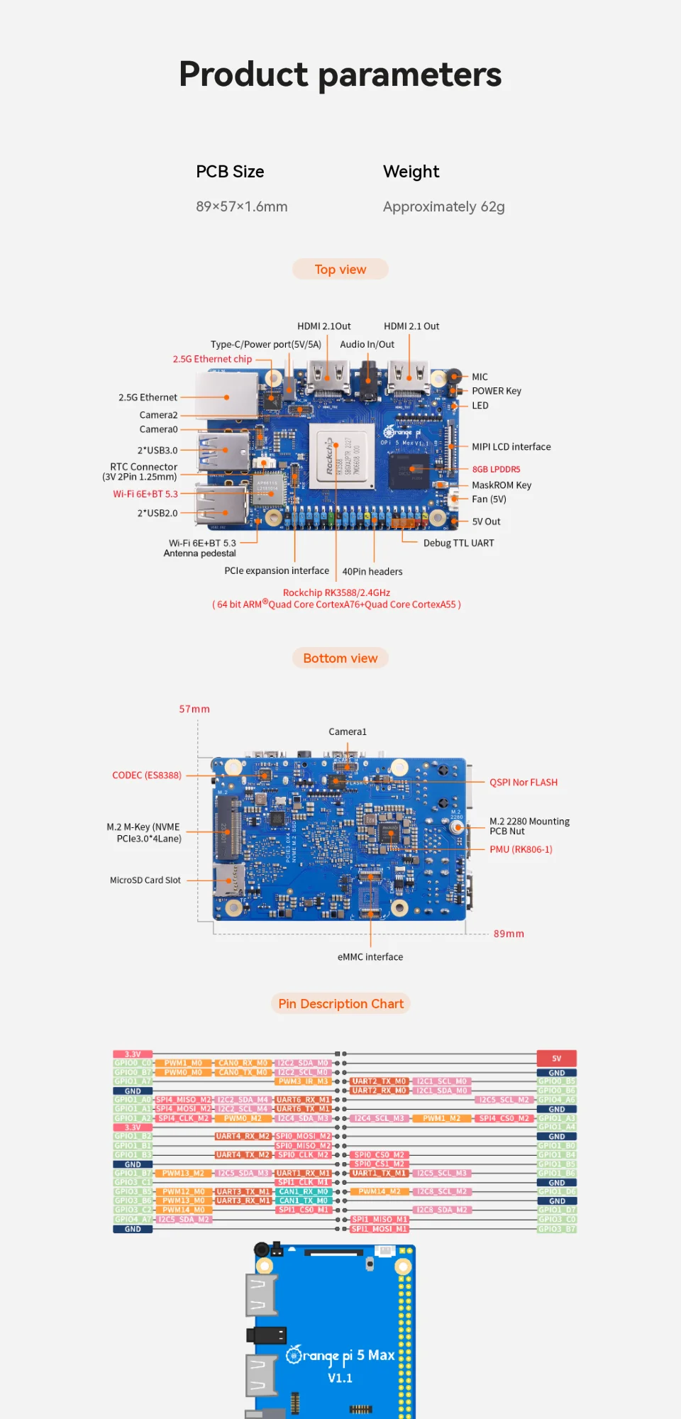 BoMaSOrange Pi 5 Max Single Board Computer 8GB RAM LPDDR5 RK3588 Chip M.2 PCIE 2.5G LAN WiFi+BT Orangepi 5 MAX Development Board
