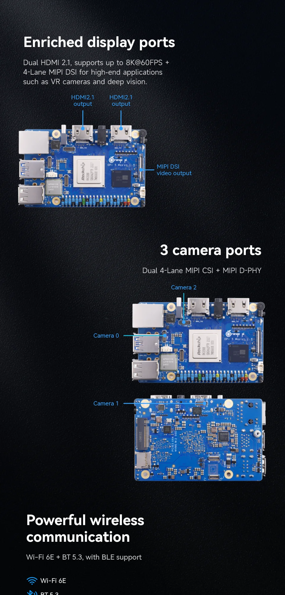 BoMaSOrange Pi 5 Max Single Board Computer 8GB RAM LPDDR5 RK3588 Chip M.2 PCIE 2.5G LAN WiFi+BT Orangepi 5 MAX Development Board