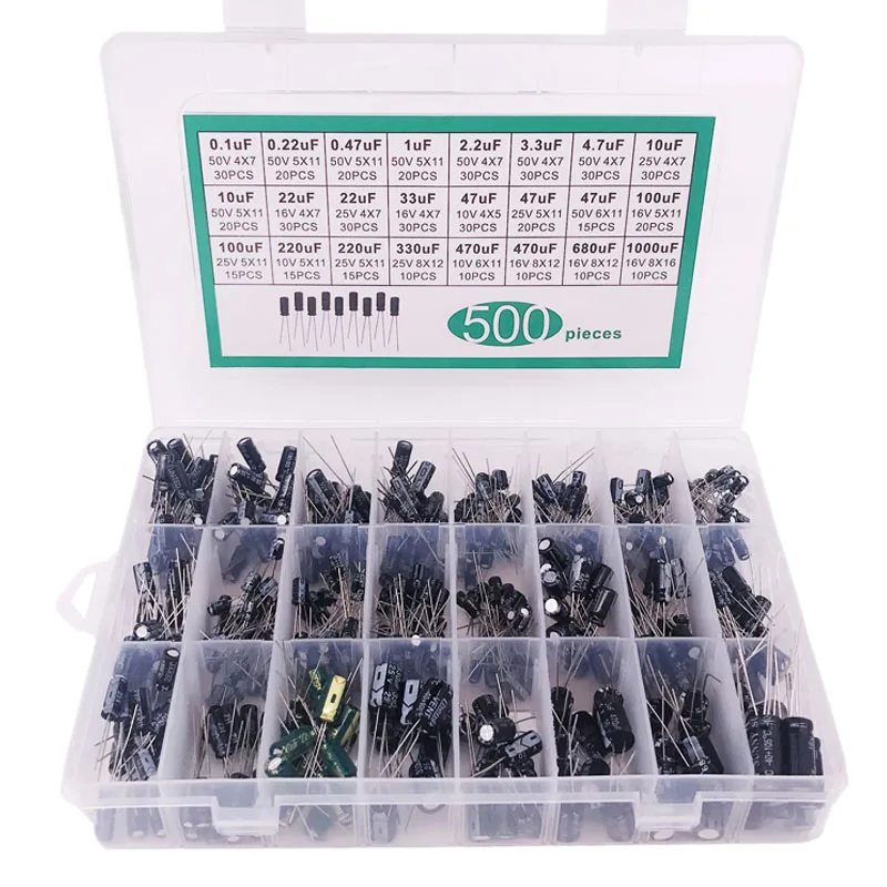 500PCS 10V 16V 25V 50V Electronic Kit 0.1uF-1000uf 24Values elektronik Electrolytic Capacitor Mixed DIP Electrolyte Capacitors