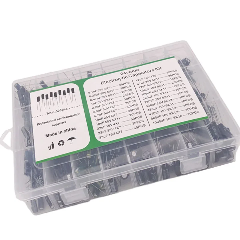 500PCS 10V 16V 25V 50V Electronic Kit 0.1uF-1000uf 24Values elektronik Electrolytic Capacitor Mixed DIP Electrolyte Capacitors