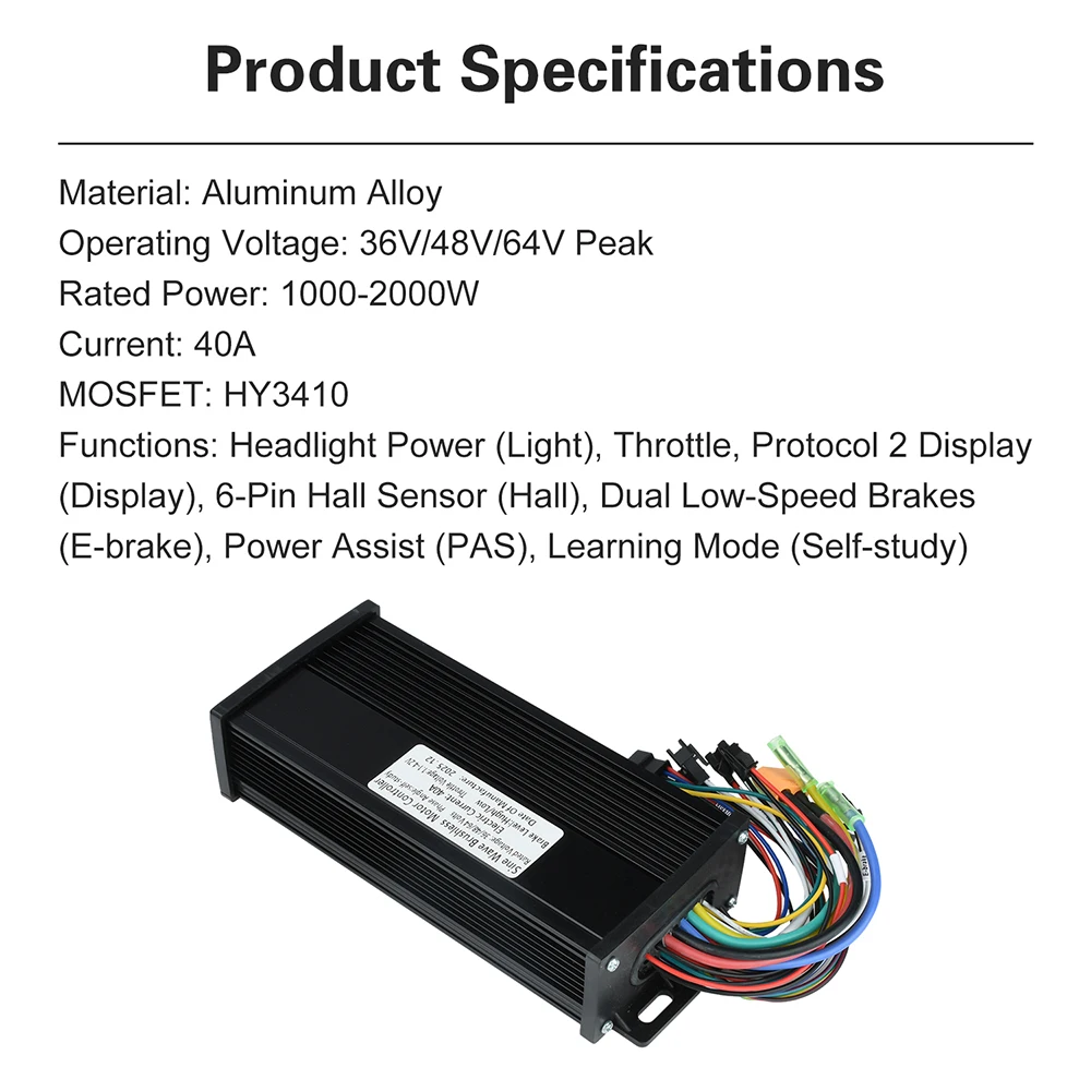 Brushless Motor Controller 36V-60V 40A Triple-Mode Sine Wave Waterproof for Electric Bicycle High Power 1000W-2000W Output