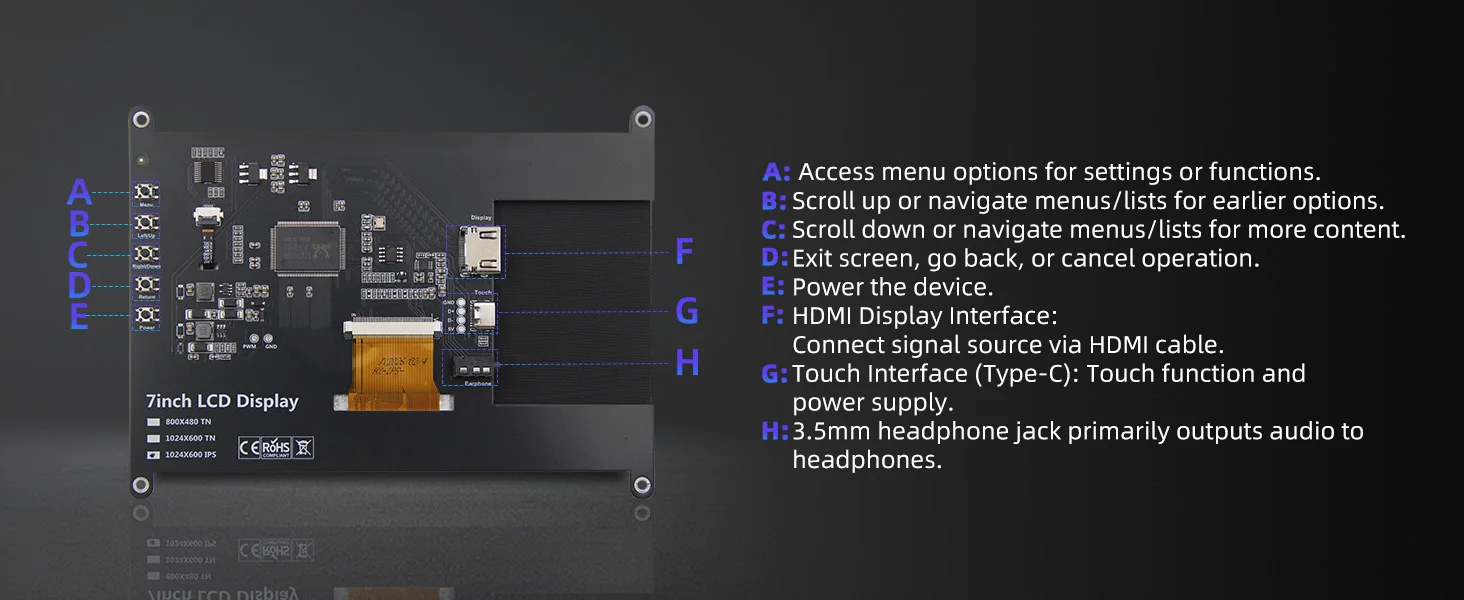 Raspberry Pi 5 7 Inch Touch Screen IPS 1024x600 HD LCD HD-MI Display for RPI 5 4B 3B+ OPI 5 AIDA64 PC Secondary Screen
