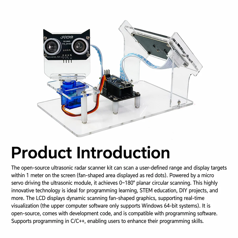 Ultrasonic Radar Scanner Kit DIY Open Source with LCD Display Windows PC Real-Time Screen for Maker STEM Programming Learning
