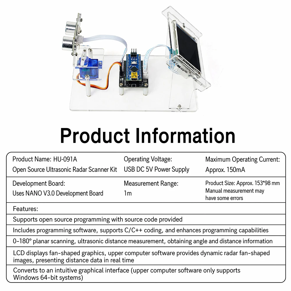 Ultrasonic Radar Scanner Kit DIY Open Source with LCD Display Windows PC Real-Time Screen for Maker STEM Programming Learning