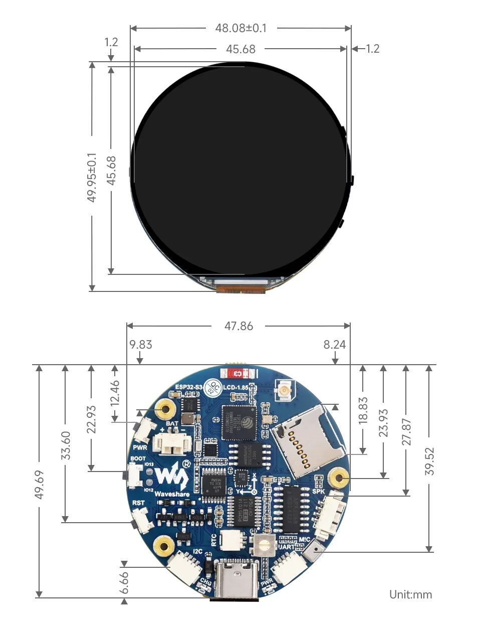 Waveshare ESP32-S3 1.85 inch IPS TFT Round LCD Display Development Board 360x360 Support WiFi Bluetooth for LVGL GUI/HMI/Arduino