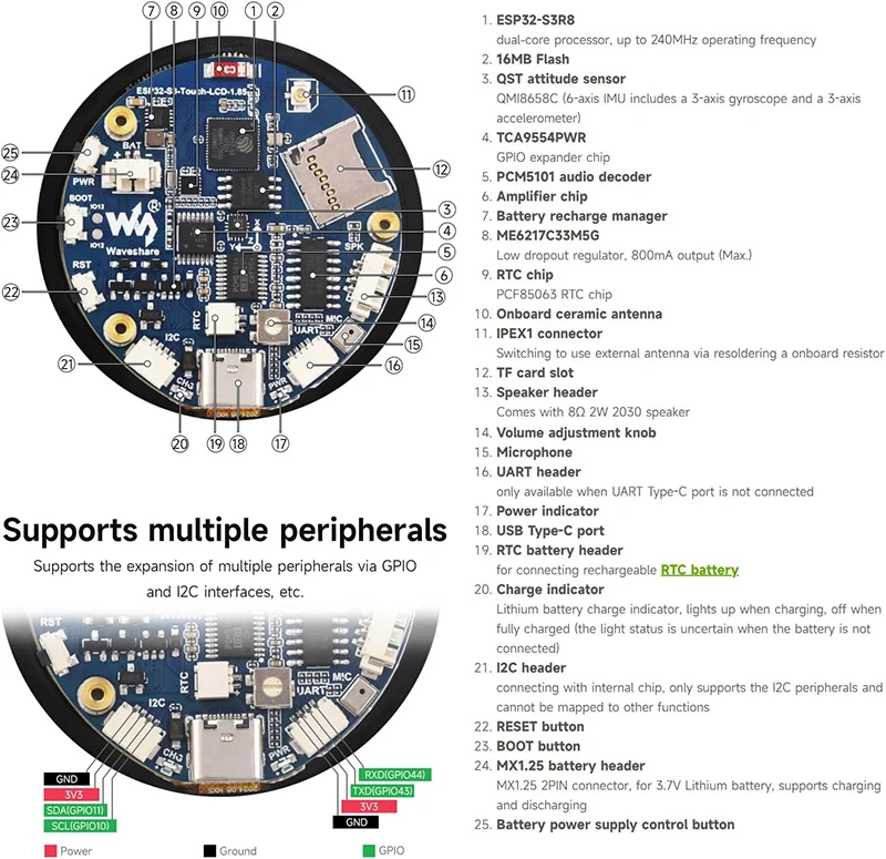 Waveshare ESP32-S3 1.85 inch IPS TFT Round LCD Display Development Board 360x360 Support WiFi Bluetooth for LVGL GUI/HMI/Arduino