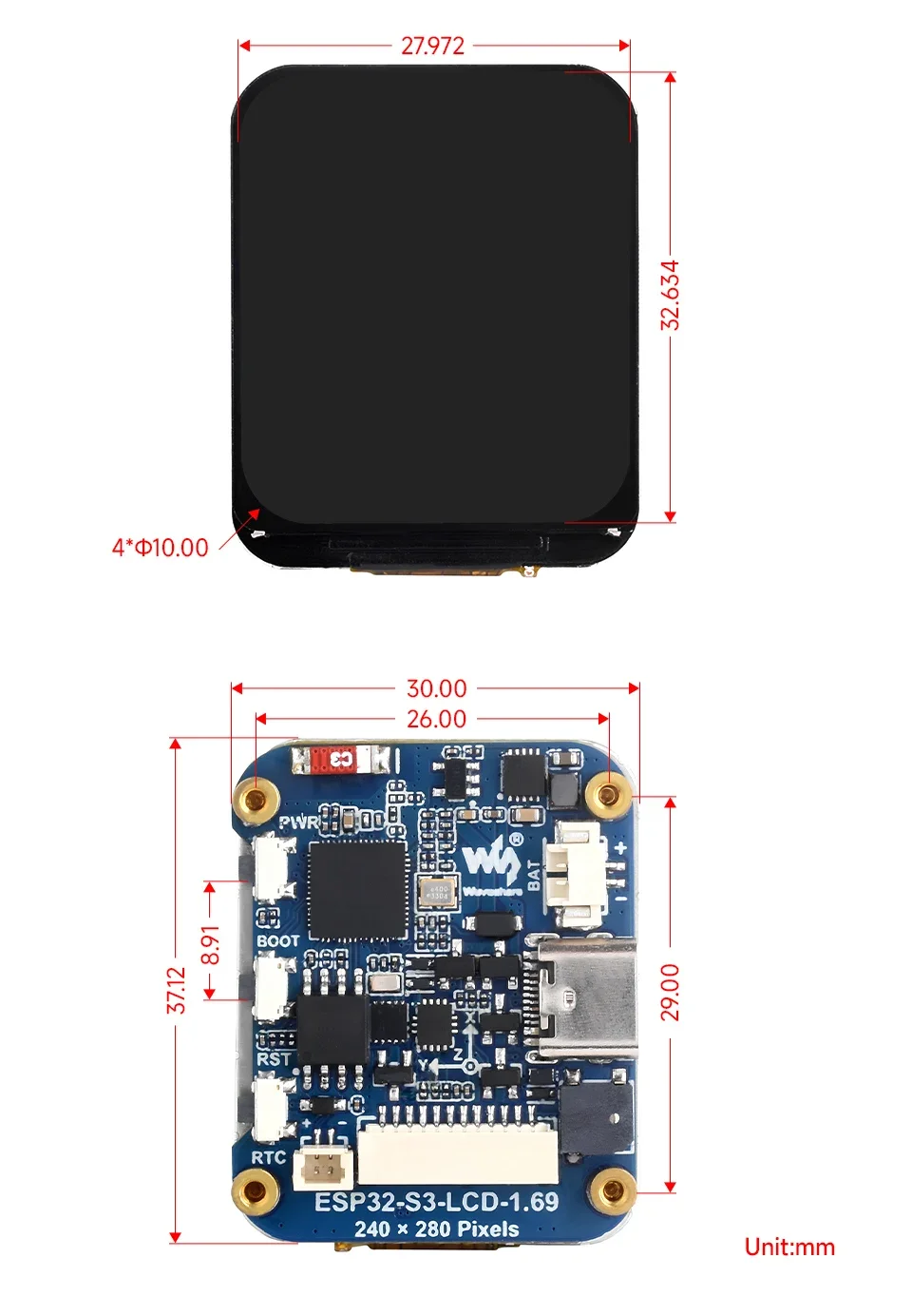 Waveshare ESP32-S3 1.69 inch IPS Touch LCD Display Development Board 240×280 ST7789V2 SPI Display Module for Arduino IDE/ESP-IDF