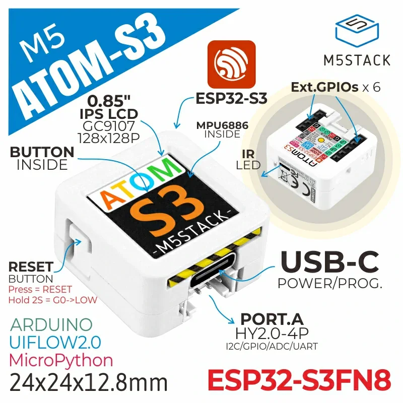 M5Stack AtomS3 ESP32-S3 Programmable Controller 0.85 Inch IPS Screen WiFi BLE MPU6886 Gyro USB-C Mini IoT Development Board