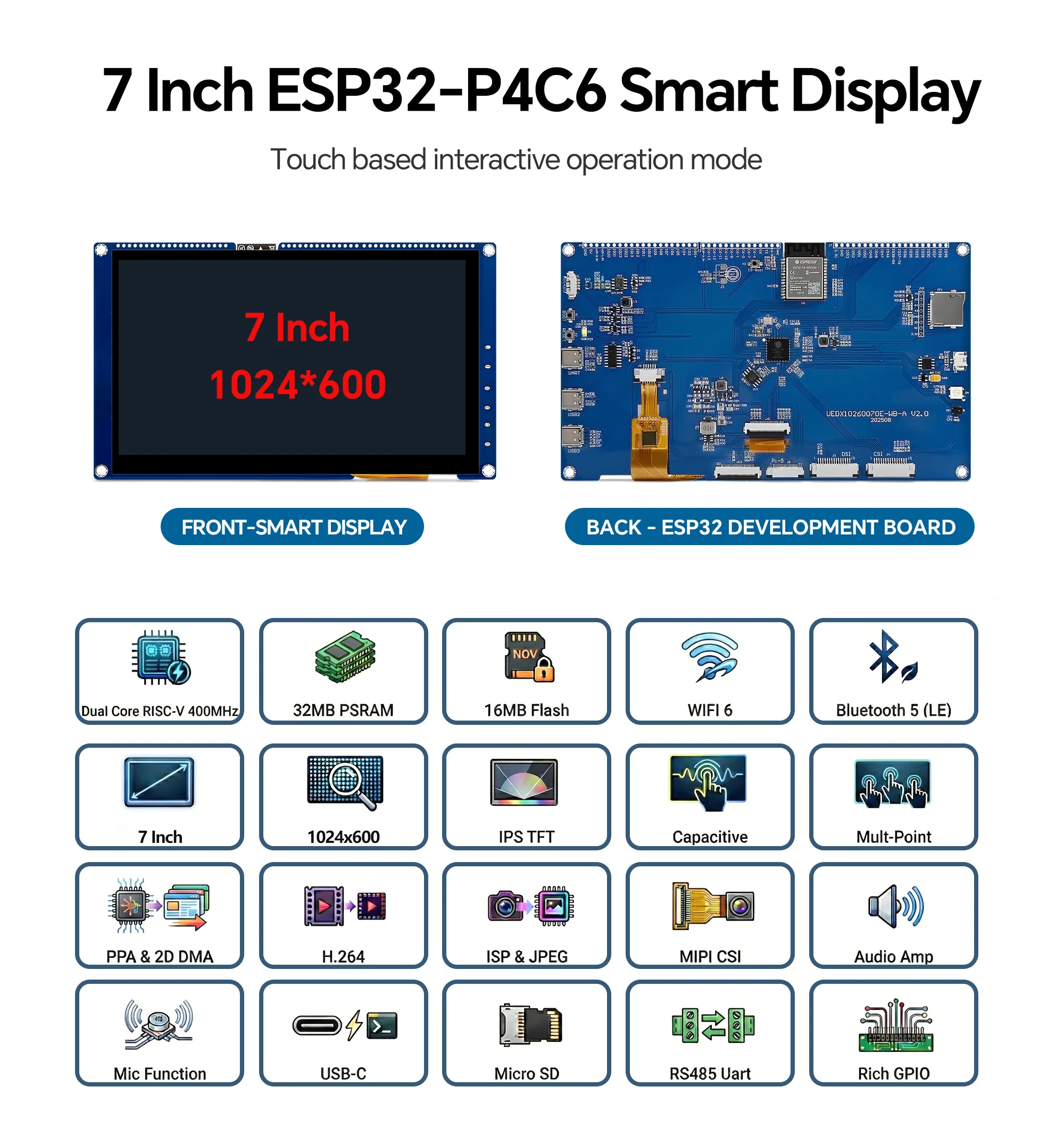 7 Inch ESP32-P4C6 Smart Display 1024x600 IPS TFT Capacitive Touch Screen Development Board with WIFI Bluetooth 5 for IoT Project