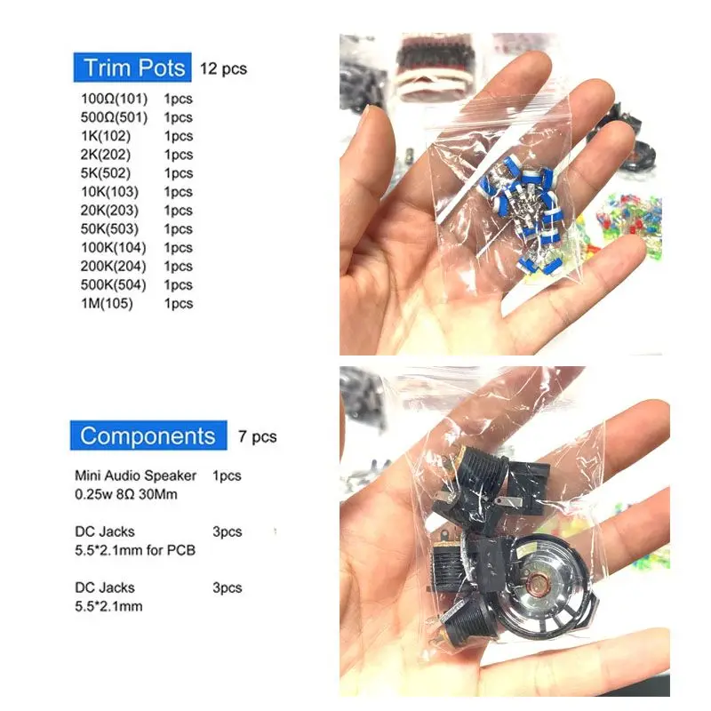1900pcs Component Box Kit with Electrolytic Capacitors LED Diodes Transistors 1/4W Resistors