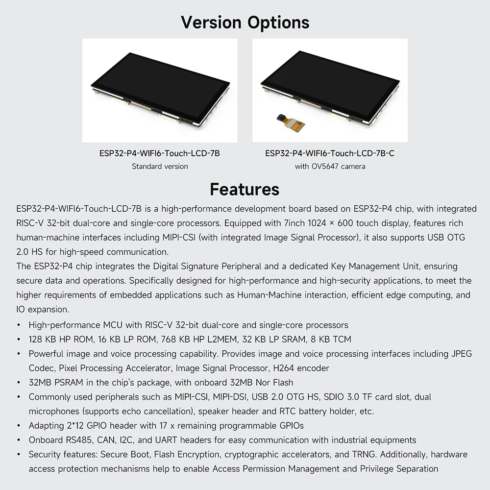 Waveshare ESP32-P4 WIFI6 7inch IPS 1024x600 Touchscreen Display Development Board on ESP32-C6 with OV5647 Camera for DeepSeek
