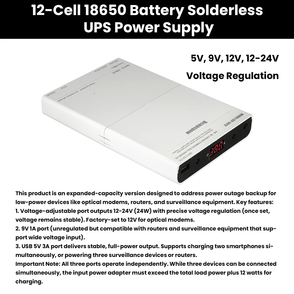 DC UPS 12x18650 Battery Power Supply Box DIY Power Bank Kit 5V 9V 12V Output Optical Modem Router Uninterruptible Power Supply