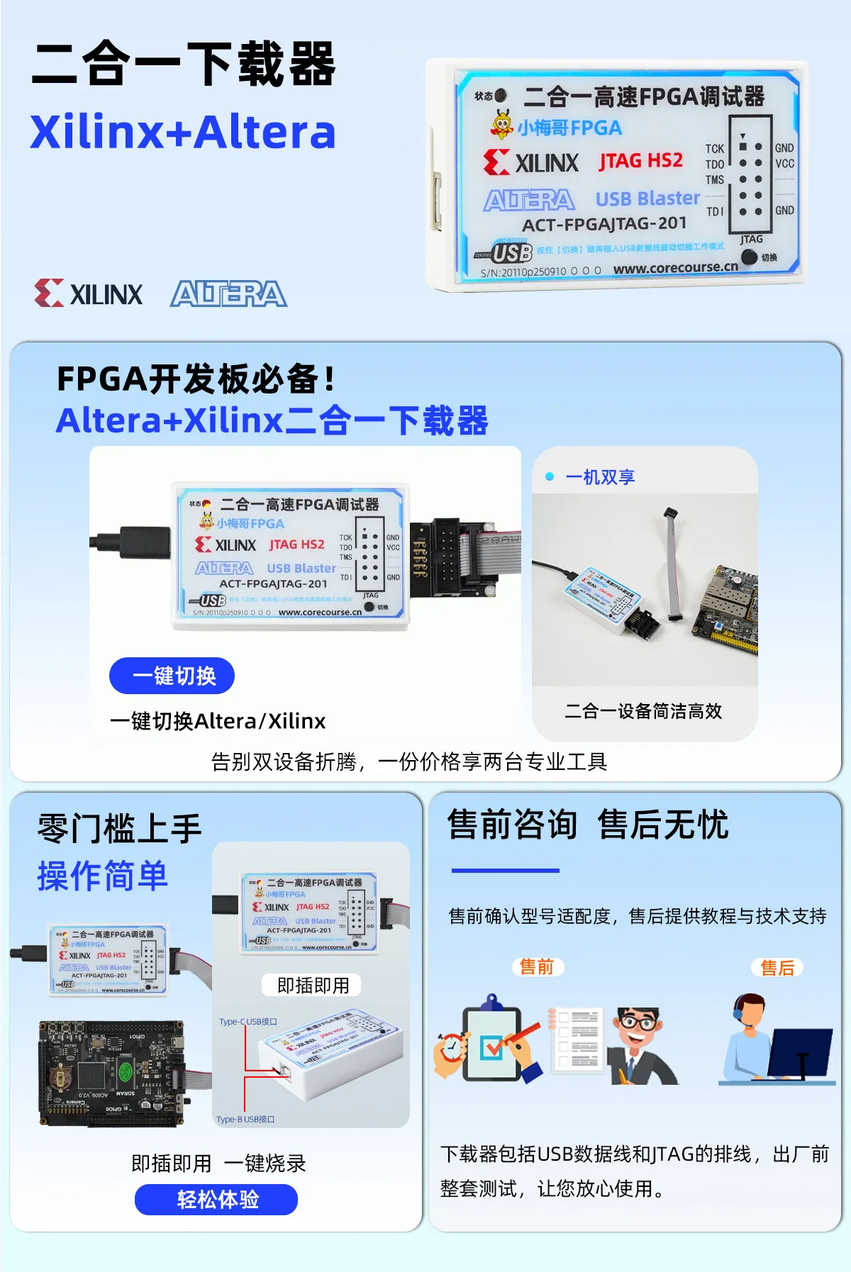 Altera+Xilinx FPGA 2-in-1 Downloader USB Blaster HS2 Simulator Debugger JTAG
