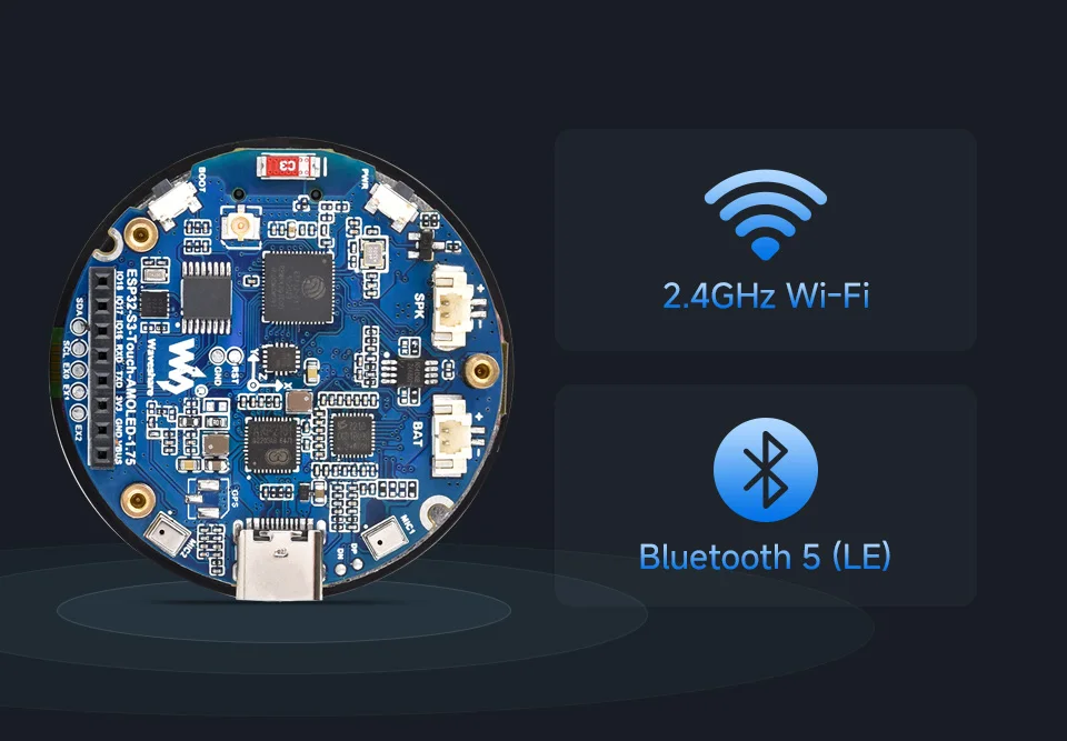 Waveshare ESP32-S3 1.75inch AMOLED Round Touch Display Development Board, 32-bit LX7 Dual-core Processor, 466×466 Pixels, QSPI I