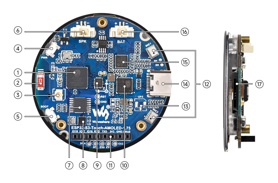 Waveshare ESP32-S3 1.75inch AMOLED Round Touch Display Development Board, 32-bit LX7 Dual-core Processor, 466×466 Pixels, QSPI I