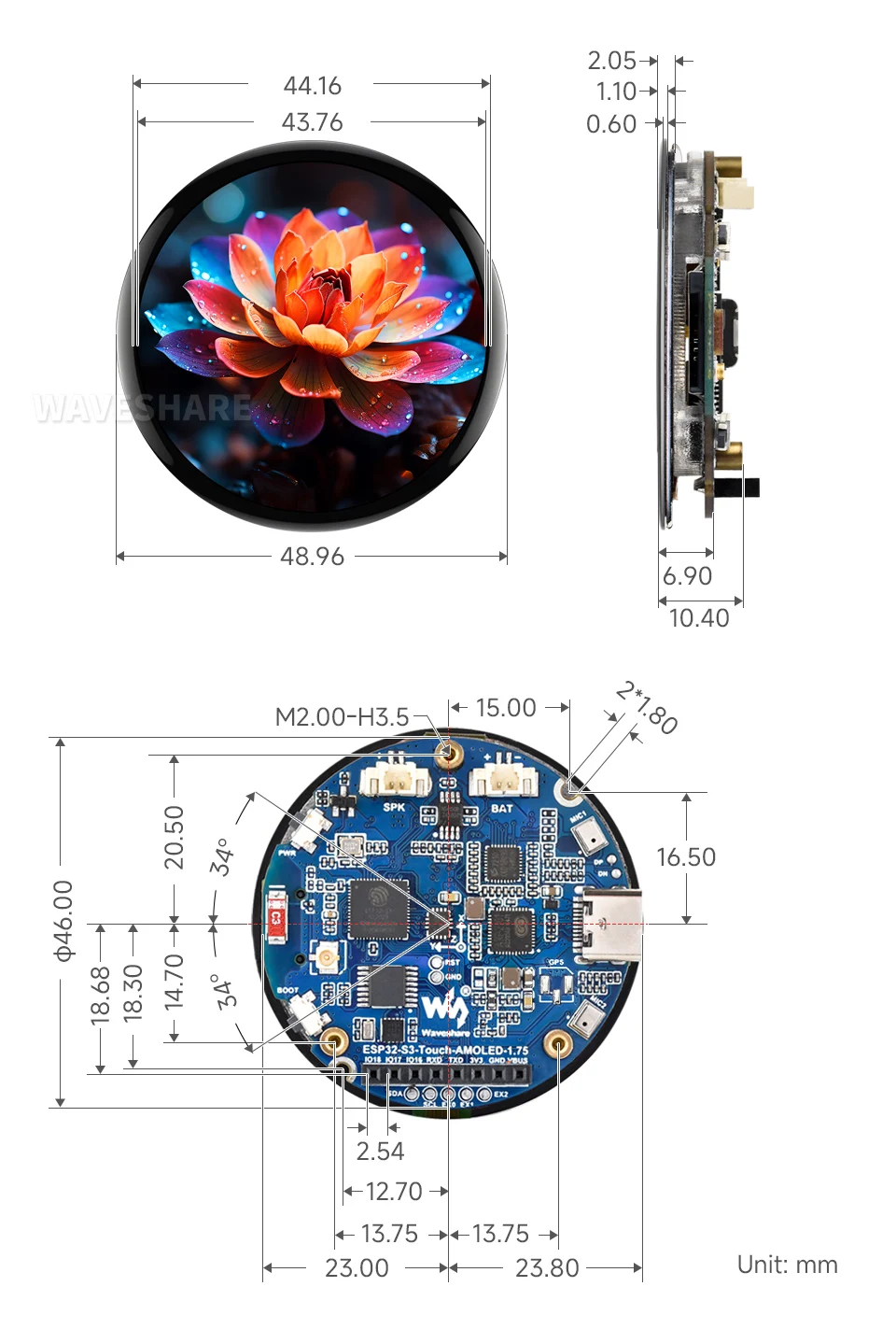 Waveshare ESP32-S3 1.75inch AMOLED Round Touch Display Development Board, 32-bit LX7 Dual-core Processor, 466×466 Pixels, QSPI I