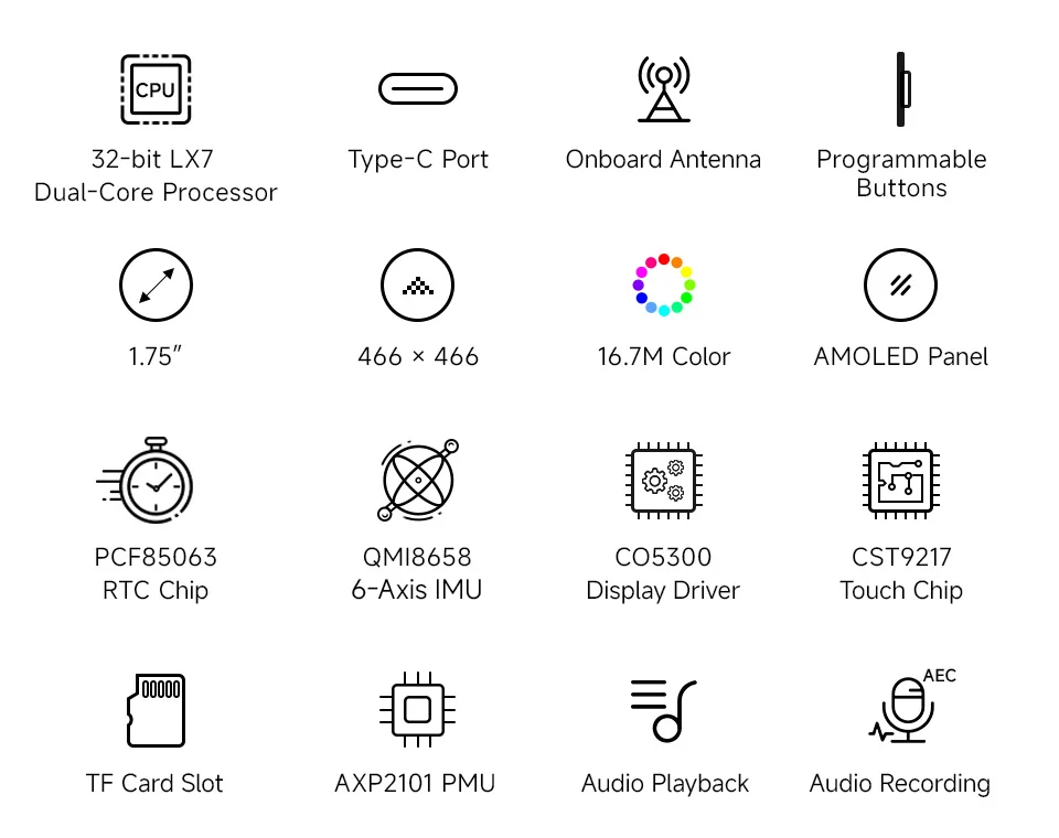 Waveshare ESP32-S3 1.75inch AMOLED Round Touch Display Development Board, 32-bit LX7 Dual-core Processor, 466×466 Pixels, QSPI I