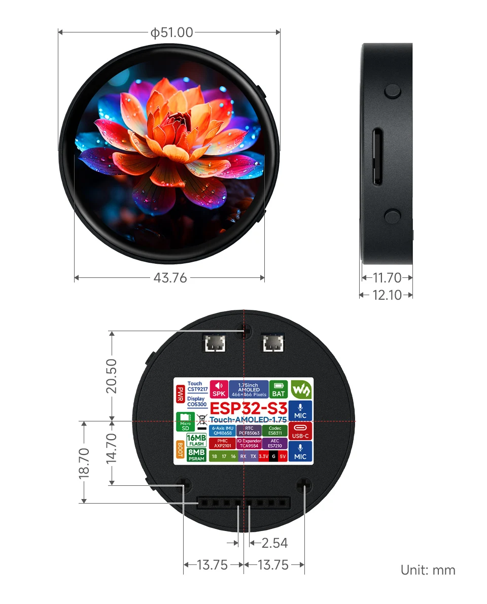 Waveshare ESP32-S3 1.75inch AMOLED Round Touch Display Development Board, 32-bit LX7 Dual-core Processor, 466×466 Pixels, QSPI I