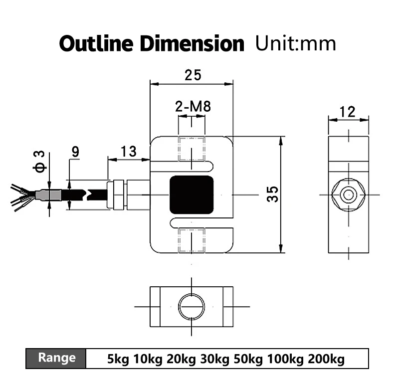 DYLY-107 Mini Pressure Pull Force S-type Load Cell Sensor Weighing Transducer Stress Tension Measuring 5KG 20KG 50/100/200KG