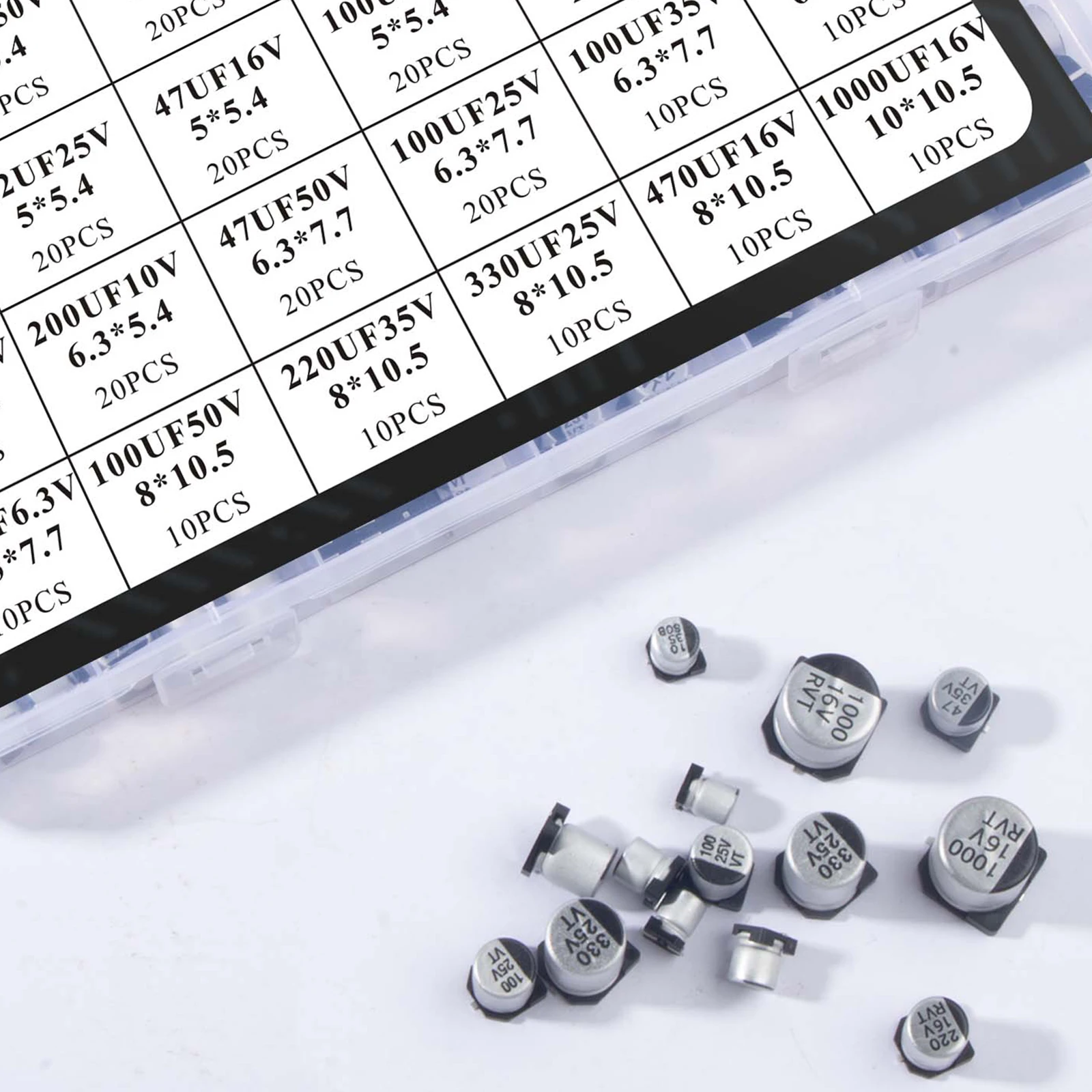 24Values Electrolytic Capacitors Assortment Kit SMD Bypass Low Frequency Aluminum with Storage Box 1uF - 1000uF