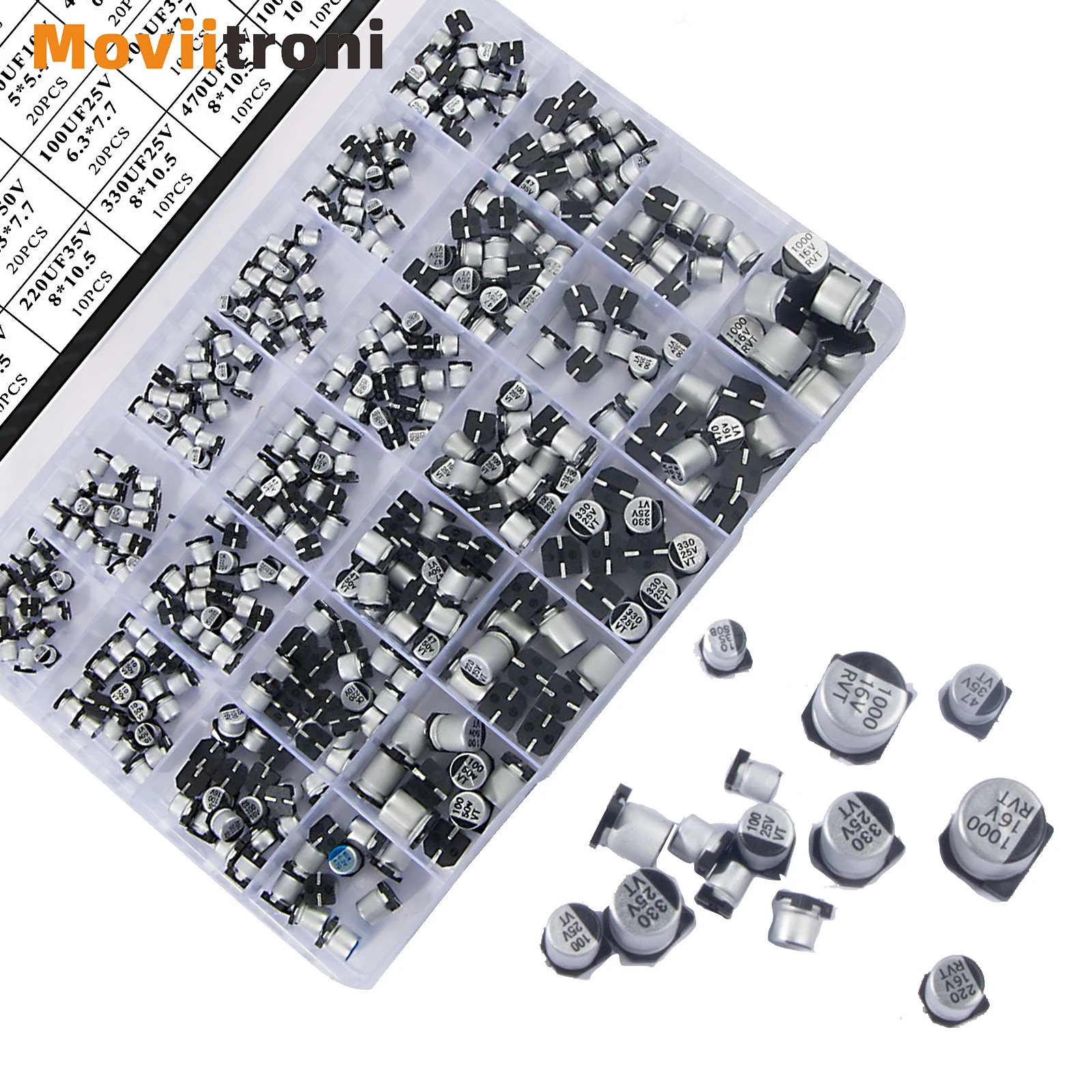 24Values Electrolytic Capacitors Assortment Kit SMD Bypass Low Frequency Aluminum with Storage Box 1uF - 1000uF