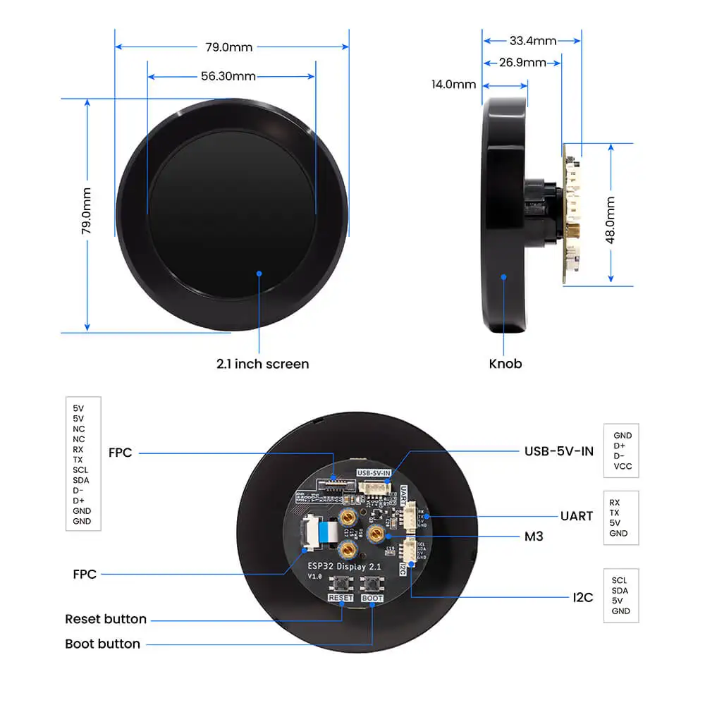 CrowPanel 2.1-inch ESP32 HMI Rotary Display 480*480 IPS Round Touch Knob Screen with UART I2C FPC Interface 2.4G WiFi Support